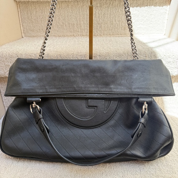 Gucci Sakai Be Green Calfskin Diagonal Stitched Medium Blondie Tote Black - Picture 4 of 14